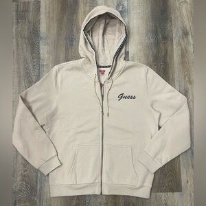 Guess Tan Zip-Up Sweatshirt, Women’s Size Large, Interior hood guess tape. NWT!